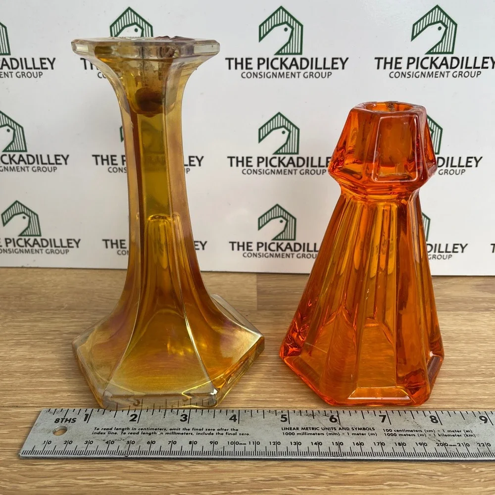Vintage Marigold Carnival Glass & Amber Hexagonal Candlestick Holders Set of 2